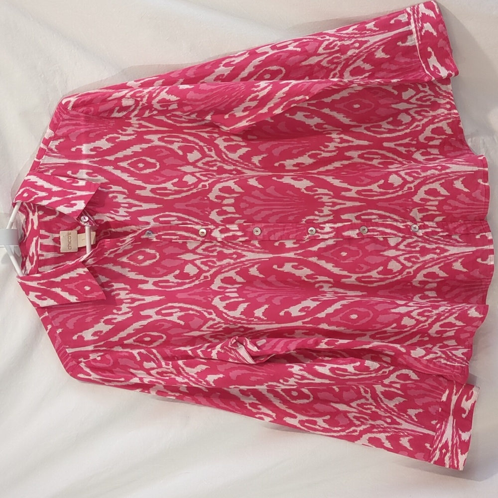 Chico's | Ikat Damask Button-Up Shirt Lightweight Cotton Long Sleeve | M